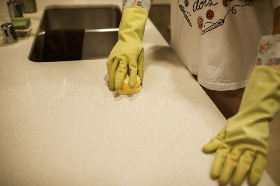Kitchen counter being cleaned